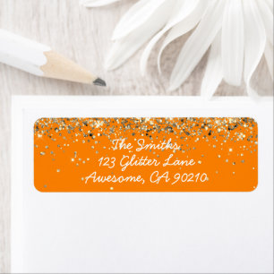 Chic Script Orange Glitter Wedding Return Address