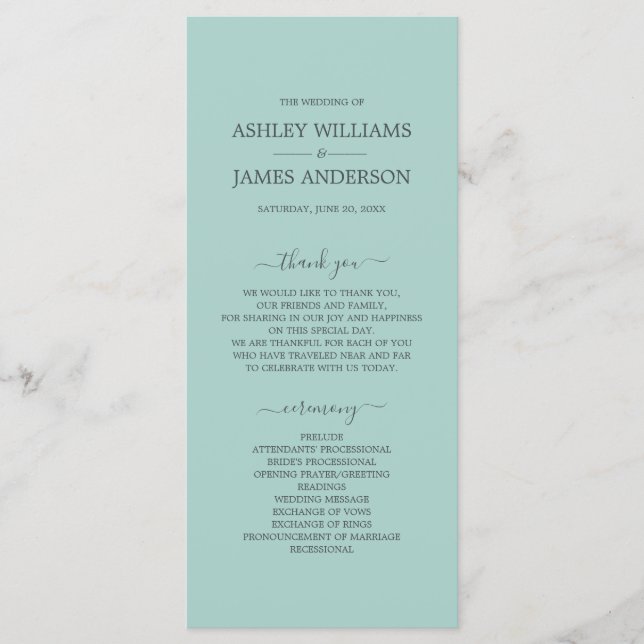 Chic Script Pastel Blue Simple Minimal Wedding Programme (Front)
