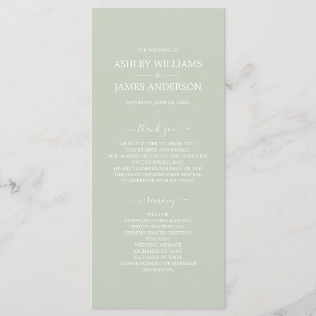 Chic Script Pastel Green Simple Minimal Wedding Programme (Front)