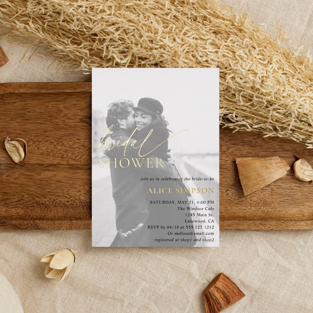 Chic Script Photo Bridal Shower Foil Invitation (Creator Uploaded)