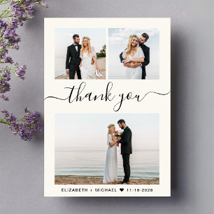 Chic Script Photo Collage Cream Wedding Thank You Card