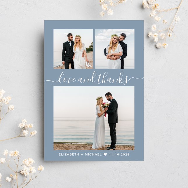 Chic Script Photo Collage Dusty Blue Wedding Thank You Card (Celebrate your love story with a thank you card showcasing your favorite wedding day photos)