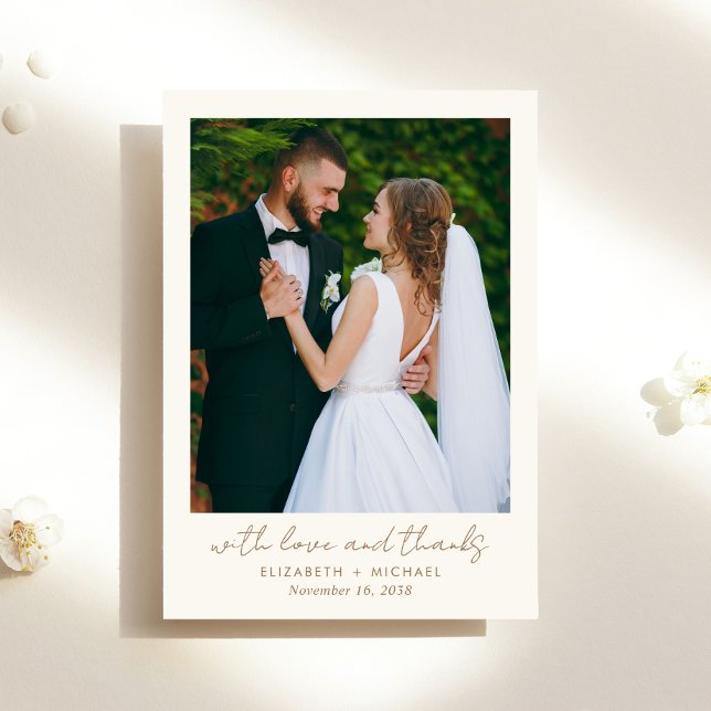 Chic Script Photo Cream Gold Wedding Thank You Card (Creator Uploaded)