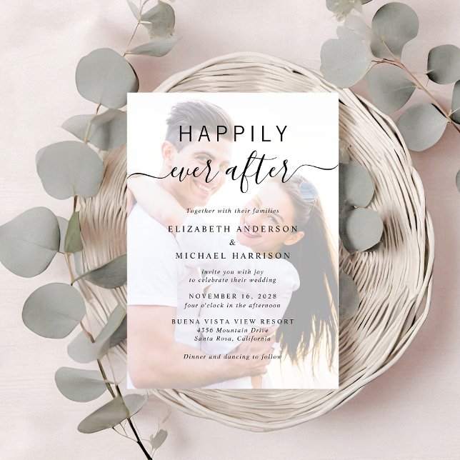 Chic Script Photo Cream Wedding Invitation (A chic Happily Ever After Photo Wedding Invitation)