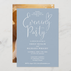 Chic Script Photo Dusty Blue Wedding Evening Party Invitation