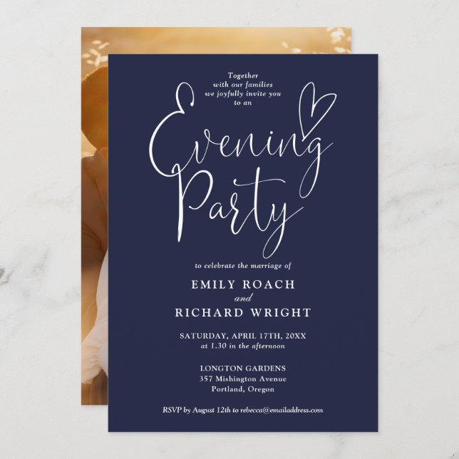 Chic Script Photo Navy Blue Wedding Evening Party Invitation (Front/Back)