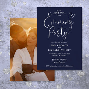 Chic Script Photo Navy Blue Wedding Evening Party Invitation
