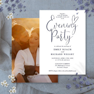 Chic Script Photo Navy Blue Wedding Evening Party Invitation