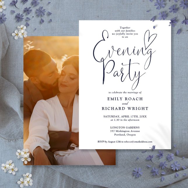 Chic Script Photo Navy Blue Wedding Evening Party Invitation (Chic Script Photo Navy Blue Wedding Evening Party Invitation)