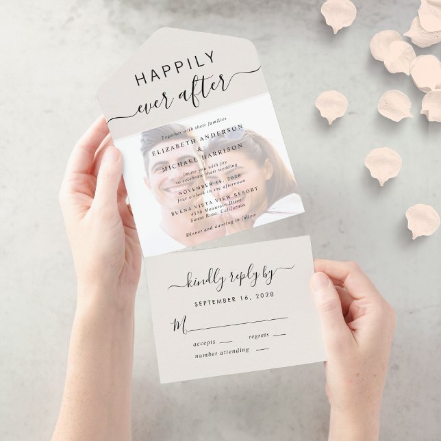 Chic Script Photo Overlay Cream Wedding All In One Invitation (Our user-friendly template allows you to easily upload your photo and create your perfect invitation)
