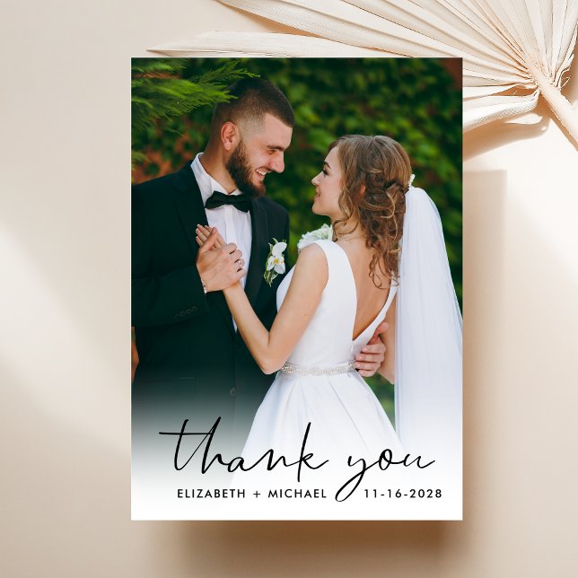 Chic Script Photo Overlay Cream Wedding Thank You Card (Creator Uploaded)