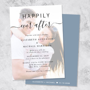 Chic Script Photo Overlay Dusty Blue Wedding Invitation