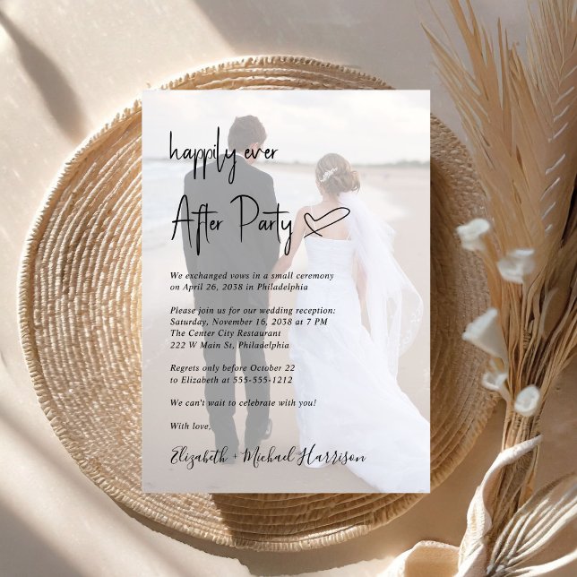 Chic Script Photo Overlay Wedding Reception Invitation (An chic Happily Ever After Party invitation for your wedding celebration)