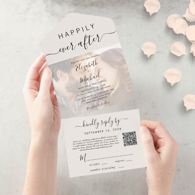 Chic Script Photo QR Code Cream Wedding All In One Invitation (Our user-friendly template allows you to easily upload your photo and create your perfect invitation)