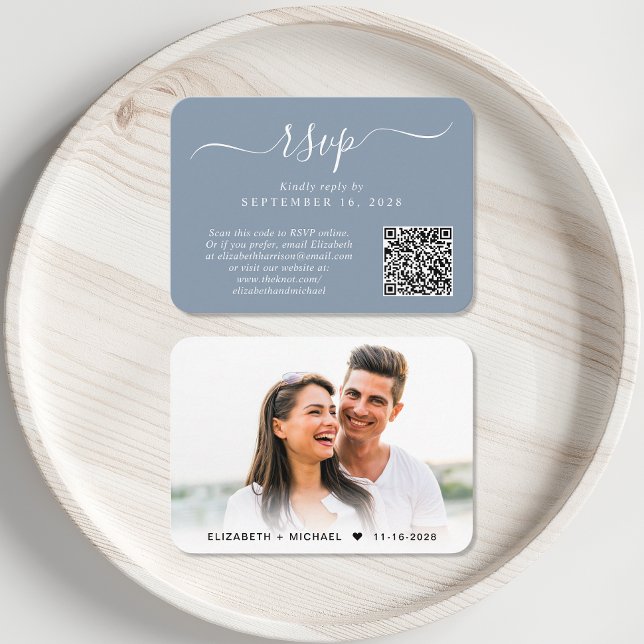 Chic Script Photo QR Code Dusty Blue Wedding RSVP Enclosure Card (Creator Uploaded)