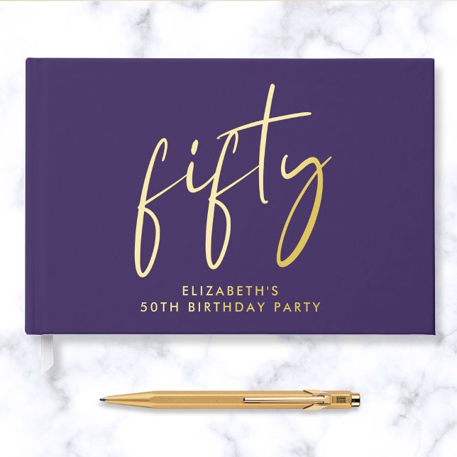 Chic Script Purple 50th Birthday Party Guest Book (Creator Uploaded)