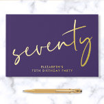Chic Script Purple 70th Birthday Party Guest Book<br><div class="desc">Elegant purple guestbook for her 70th birthday party featuring genuine gold foil,  "seventy" in a chic script and her name in modern typography. Personalise the title on the spine and change the foil colour to silver or rose gold if desired.</div>