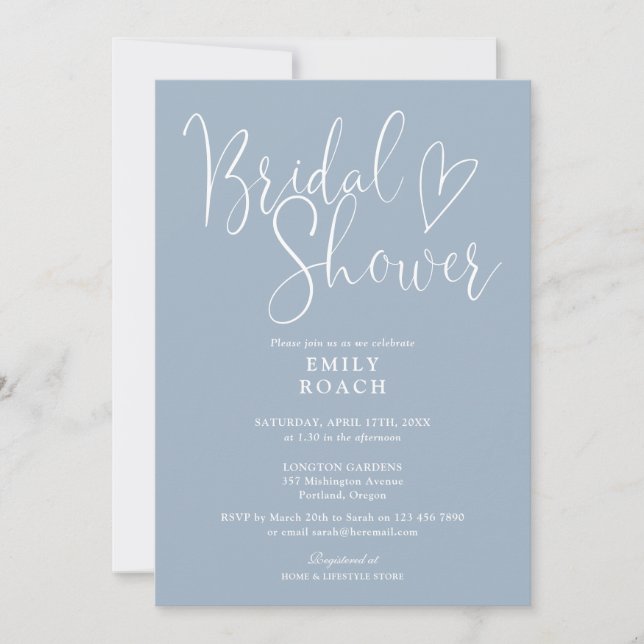 Chic Script QR Code Photo Dusty Blue Bridal Shower Invitation (Front)