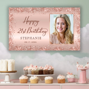 Chic Script Rose Gold Glitter Photo 21st Birthday Banner