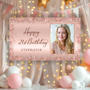 Chic Script Rose Gold Glitter Photo 21st Birthday Banner
