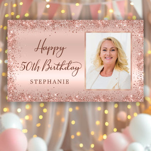 Chic Script Rose Gold Glitter Photo 50th Birthday Banner