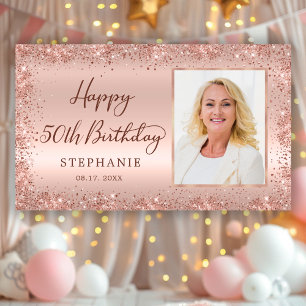 Chic Script Rose Gold Glitter Photo 50th Birthday Banner