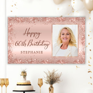 Chic Script Rose Gold Glitter Photo 60th Birthday  Banner