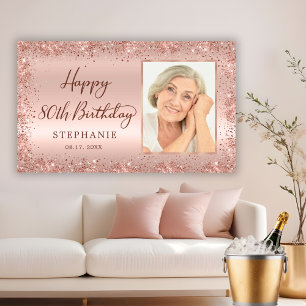 Chic Script Rose Gold Glitter Photo 80th Birthday  Banner