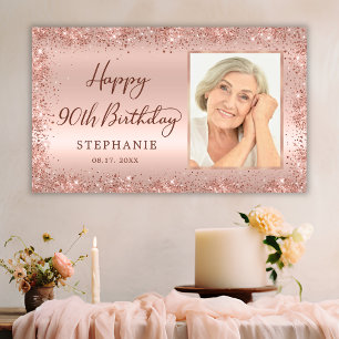 Chic Script Rose Gold Glitter Photo 90th Birthday  Banner