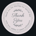 Chic Script Rustic Pastel Purple Wedding Thank You Classic Round Sticker<br><div class="desc">Rustic and modern wedding thank you sticker with off-black chic script calligraphy and modern typography on a pastel purple background. Simply add your personal message and names. Great for your wedding guest gift bags or as a wedding thank you envelope seal. Exclusively designed for you by Happy Dolphin Studio. If...</div>