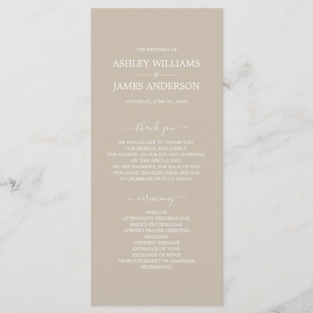 Chic Script Shiitake Grey Simple Minimal Wedding Programme (Front)