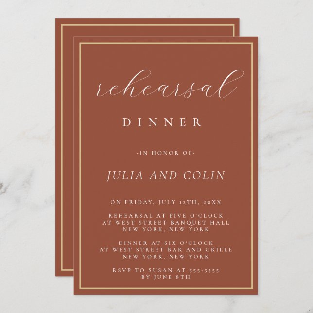Chic Script Terracotta Rehearsal Dinner Invitation (Front/Back)