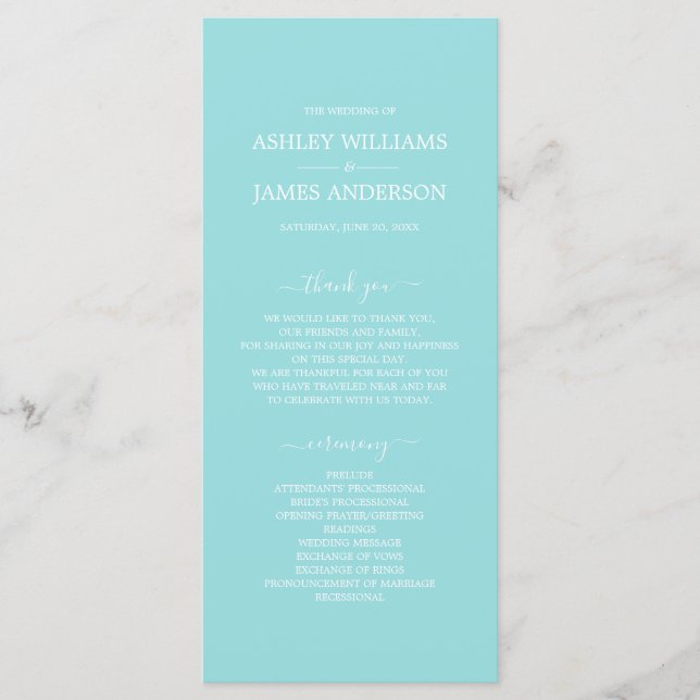 Chic Script Turquoise Blue Simple Minimal Wedding Programme (Front)
