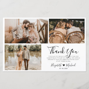 Chic Script Wedding 3 Photo Collage Thank You Card