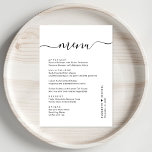 Chic Script Wedding Reception Menu<br><div class="desc">Chic wedding reception dinner menu with "menu" in a stylish calligraphy script with swashes,  your customised menu in simple modern typography,  your first names joined by a heart and your reception date.</div>