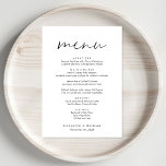 Chic Script Wedding Reception Menu<br><div class="desc">Chic wedding reception dinner menu with "menu" in a modern script,  your customised menu in simple modern typography,  and your first names and reception date in elegant serif typography.</div>