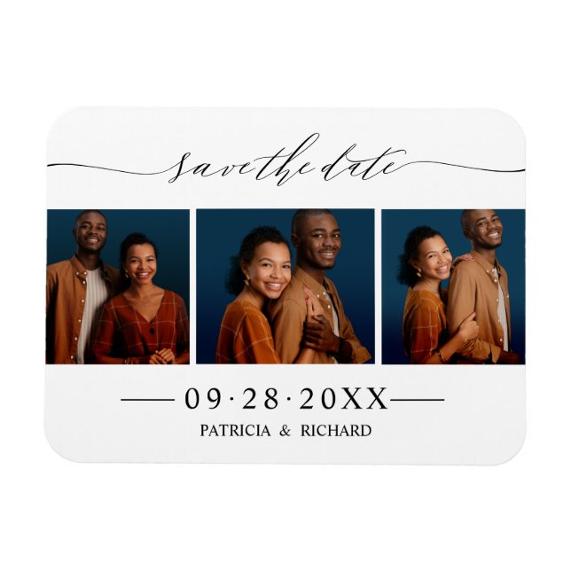 Chic Script Wedding Save The Date 3 Photo Collage Magnet (Horizontal)