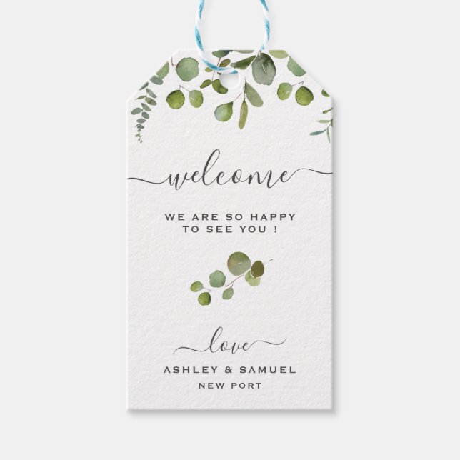 Chic Script Welcome Eucalyptus Wedding Gift Tag (Front)