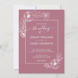 Chic Script White Floral Outline Cassis Wedding Invitation