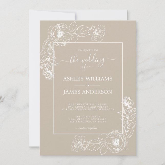 Chic Script White Floral Outline Grey Wedding Invitation (Front)