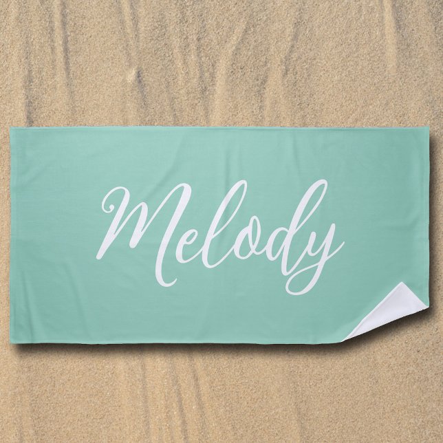 Chic Seafoam Green Custom Name Handwritten Script Beach Towel (Creator Uploaded)