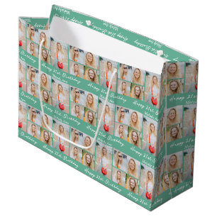 Chic Seafoam Green Happy Birthday Photo Collage Large Gift Bag