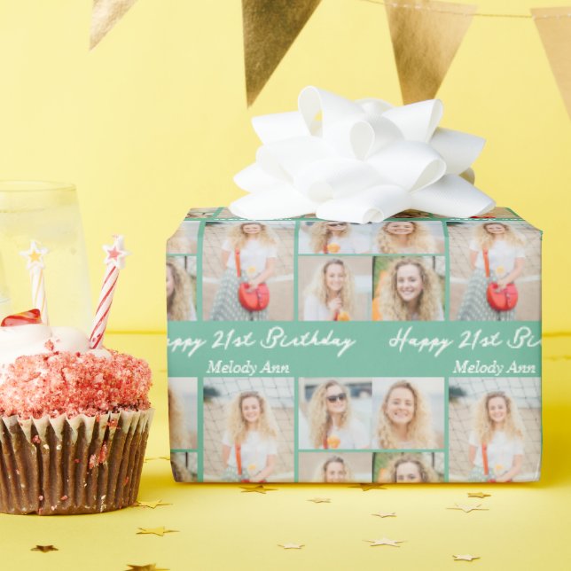 Chic Seafoam Green Happy Birthday Photo Collage Wrapping Paper (Birthday Party)