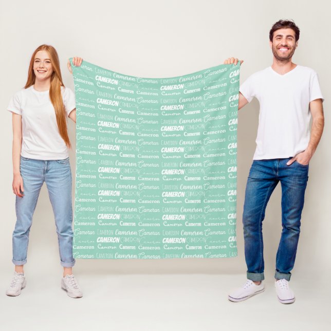 Chic Seafoam Green Personalised Name Collage Fleece Blanket (In Situ)