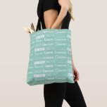 Chic Seafoam Green Personalized Name Collage Tote Bag<br><div class="desc">Chic seaside mint green name collage tote bag decorated in nine different fonts spelling a custom name in white. Cute personalized gift with trendy typography.</div>