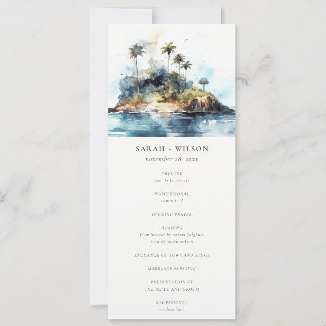 Chic Seascape Palm Tree Island Wedding Program Invitation (Front)