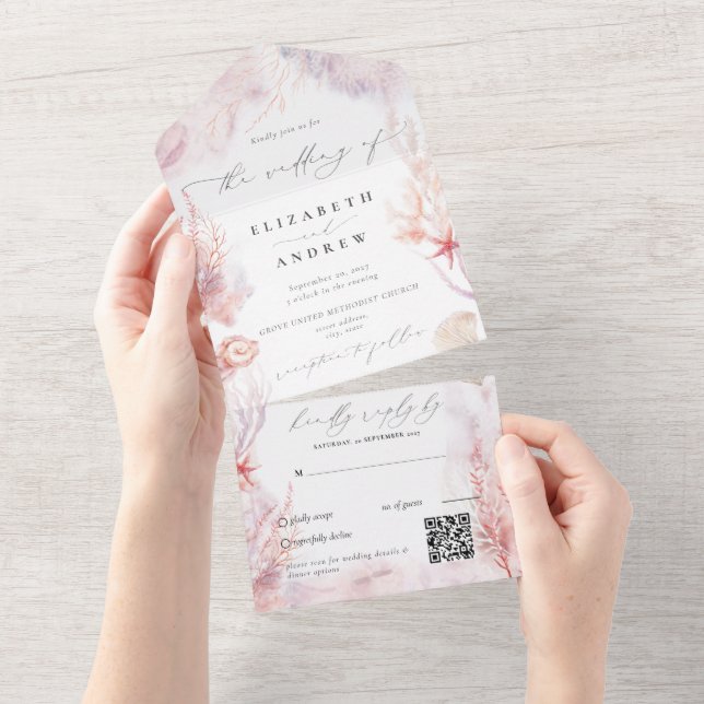 Chic Seashells Coral Underwater QR Code Wedding All In One Invitation (Tearaway)