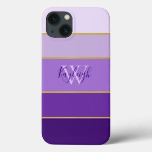 Chic Shades of Purple Stripes with Name  iPhone 13 Case