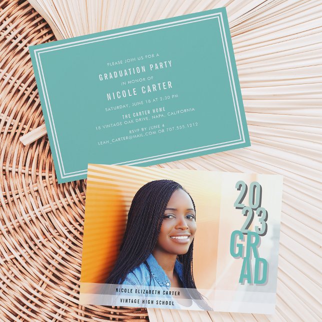 Chic Shadows Aqua | Photo Graduation Party Invitation (Creator Uploaded)