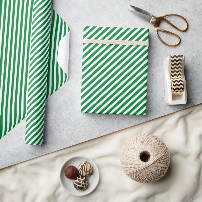 Chic Shamrock Green White Stripes Pattern Wrapping Paper (Crafts)